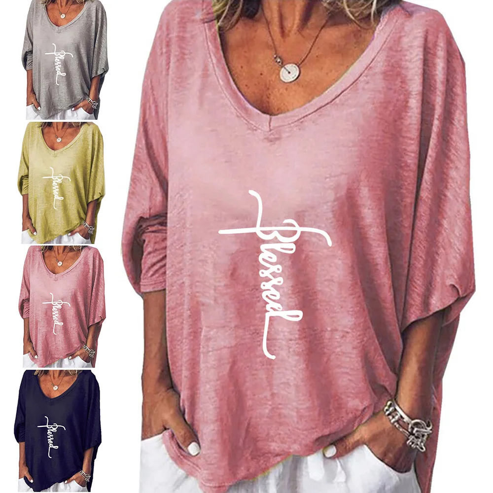 

Cofekate woman tshirts Sleeve V-Neck Basic T-Shirt Ladies Casual Loose Solid Pullover Spring Printed Female Tops