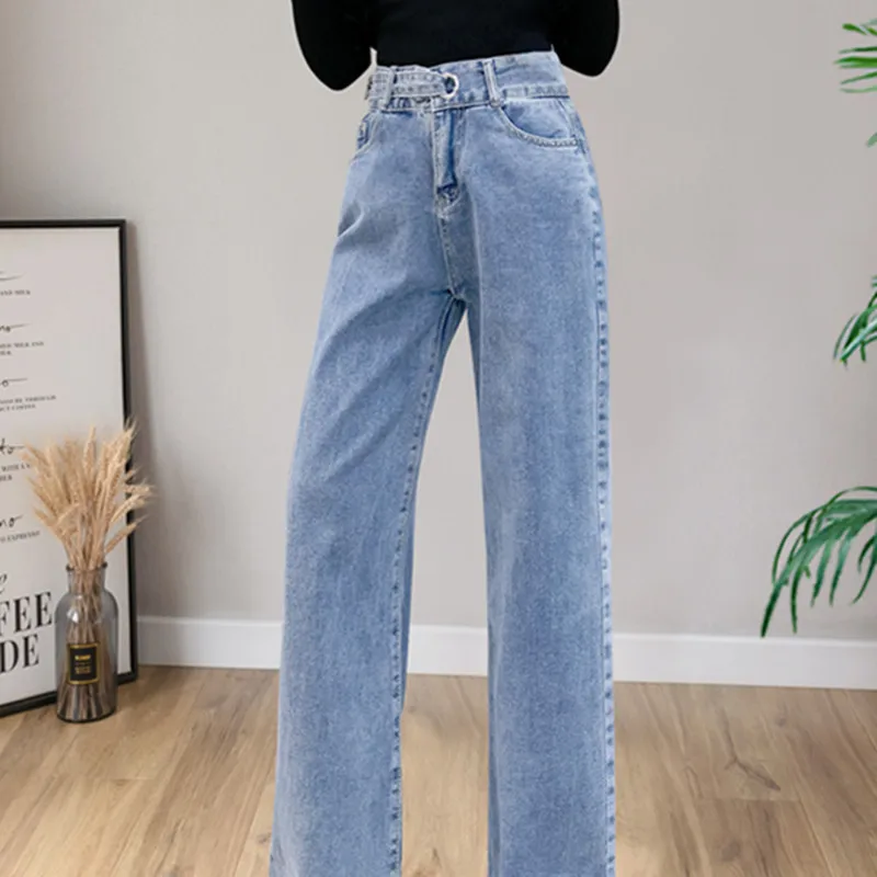 

Women's High Waist New Boyfriend Jeans 2021 Fashion Harajuku Blue Streetwear Vintage Quality Straight Denim Trousers Clothing