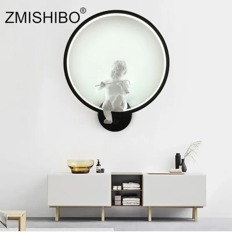 ZMISHIBO смола ангел Купидон настенный светильник черный белый круг современное искусство украшение бра светодиодный настенный светильник 3000K 4000K 6000K