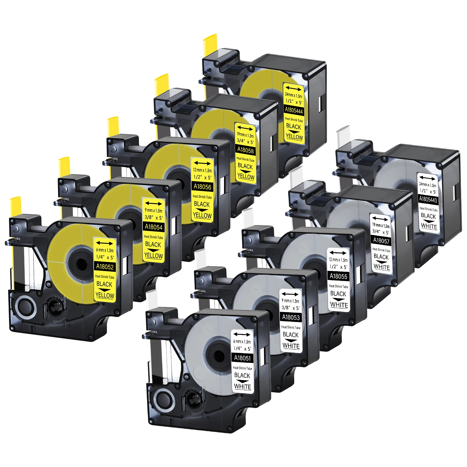 

6/9/12/18/24 мм, промышленная термоусадочная ткань, цвет черный на белом/желтом, 18051 18052 18053 18054 18055 18056 для Dymo RHINO 6000