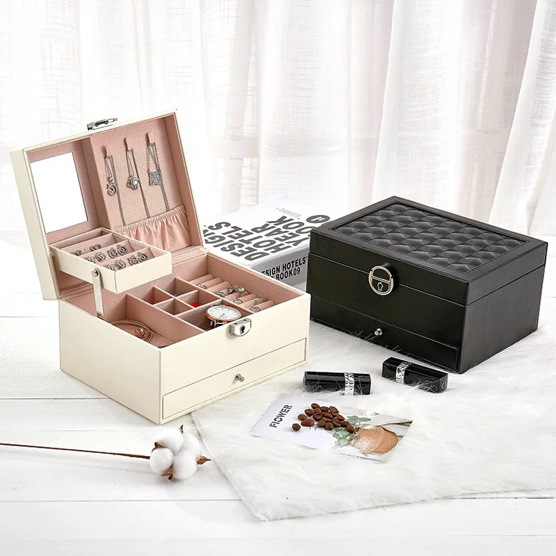 

Classical fashion women 2 layer leather jewelry box top quality jewelry Makeup Organizer Box Jewelry Storage Case 200805-18