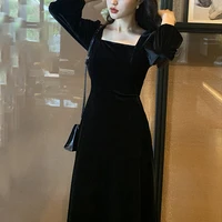 elegant black velvet long dress women winter vintage gothic evening party dress female korean one piece casual y2k dress 2021