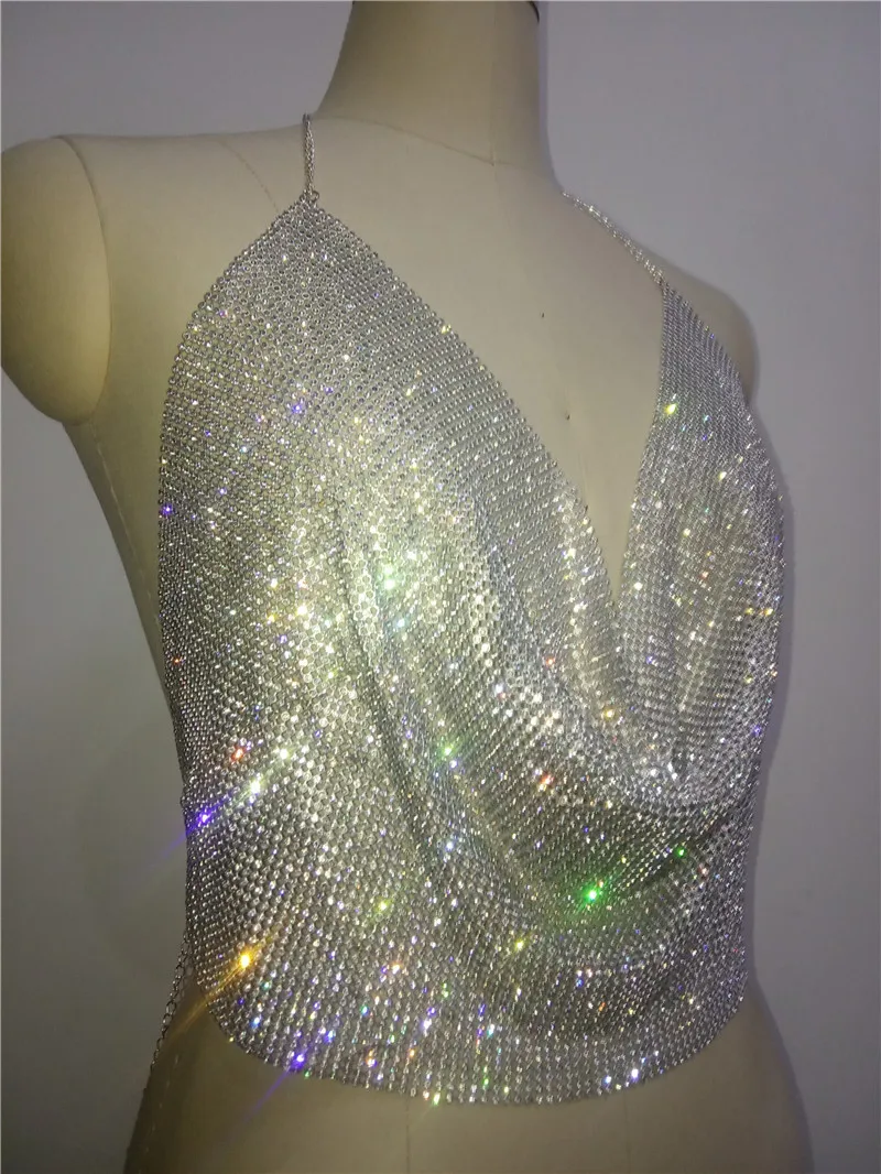 

Sexy full diamond chain sparkling diamond beautiful back suspender camis high street night club hanging feeling tank-tops camis