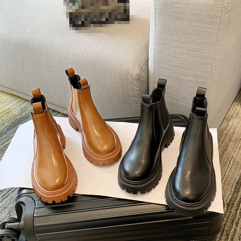 

Зимние ботинки, женская обувь Челси, роскошные дизайнерские сапоги на платформе с круглым носком, женские ботинки на среднем каблуке, осень ...