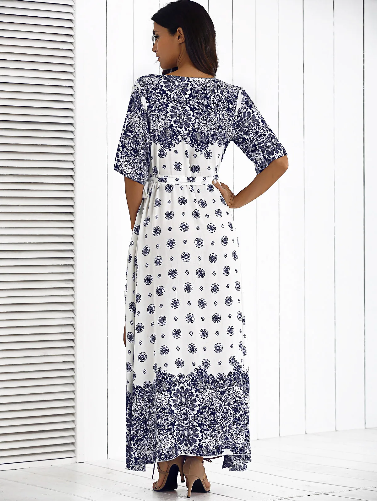 Boho Woman Dresses Sexy Deep V Neck Retro Vintage Floral Print Half Sleeve Tunic Belted Long Maxi Dress Female 2021 | Женская одежда