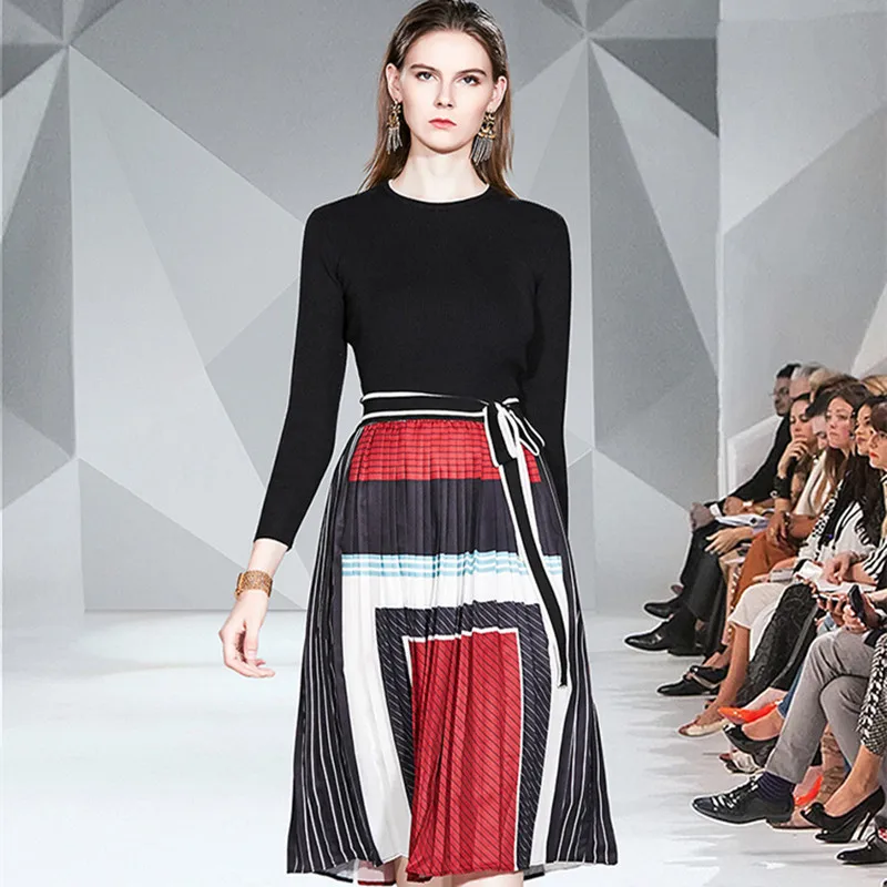 2020 Autumn 2 Piece Suits Women Lace-up Bow Black Knitted Sweater Top+ Elastic Waist Long Pleated Colour Geometry Skirt Suit | Женская