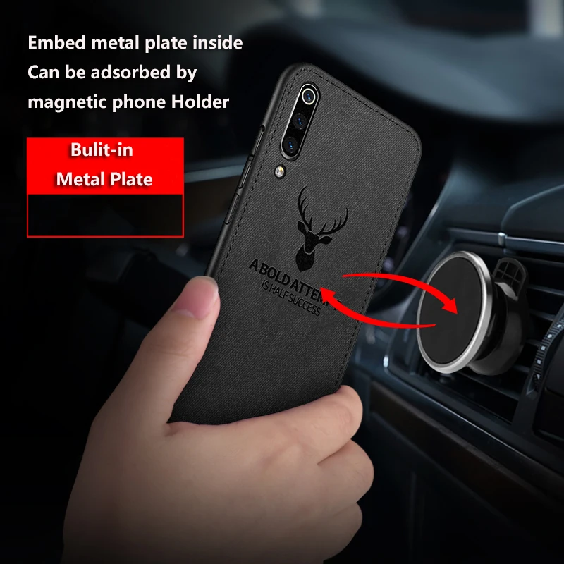 Cloth Texture Deer 3D Soft Magnetic Car Case For Xiaomi Mi 9 Lite Magnet Plate Case For Xiaomi Mi 9 Pro Cover Mi9 Silicone Funda