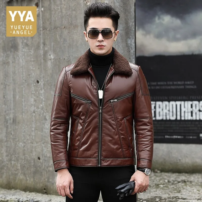 Мужская шерстяная куртка с воротником из натуральной воловьей кожи зимняя