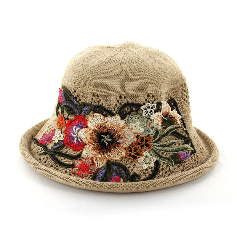 Вязаная шляпа летняя женская в рыбацком стиле от солнца с вышивкой