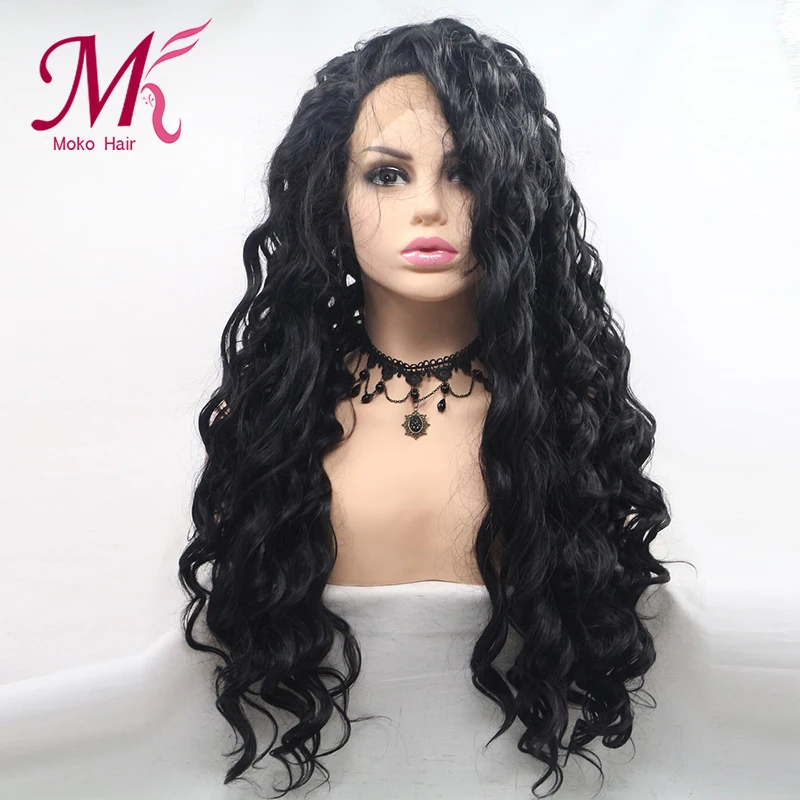 Длинные волнистые синтетические волосы Moko фронтальные парики для женщин черные