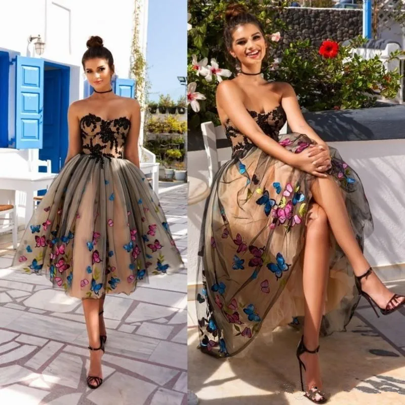 Черное и шампанское Тюлевое короткое Выпускное Платье милое бабочки аппликация