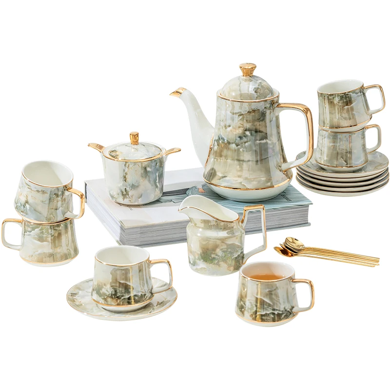 

Marbleing Coffee Sets Bone China Teaware Porcelain Coffeepot Creamer Saucer Bowl Cup Saucer Coffeeware Afternoon Kitchen Supplie