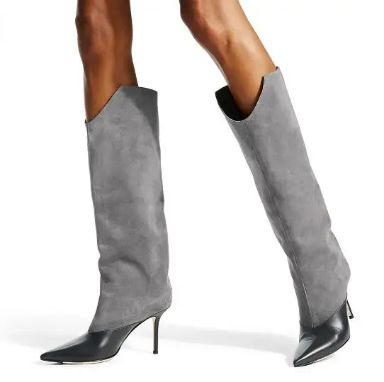 Прямая поставка женские длинные сапоги до колена черные серые кожаные замшевые