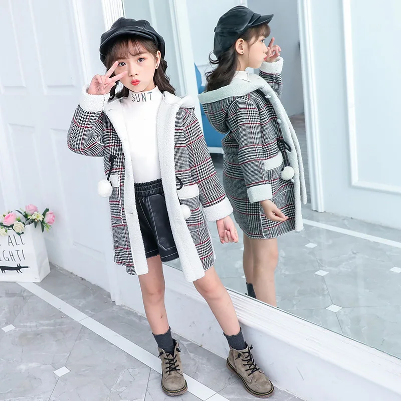 Girls Thick Woolen Jacket Kids Warm Jackets for Winter Plaid Hooded Coat Parkas Outerwear Children Girl Overcoat | Детская одежда и
