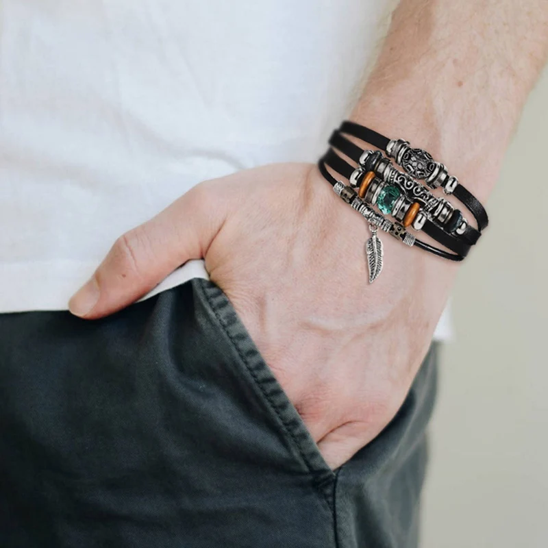 4 PCS/Set Faux Leather Bracelet Retro Punk Blue Bead Leaf Black Creative Men Fashion Jewelry Dropship New | Украшения и