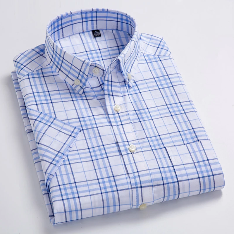 

Men's 100% Cotton Plaid Striped Short Sleeve Shirt Single Patch Pocket Button-down Holiday Summer Casual Checkered Thin Shirts