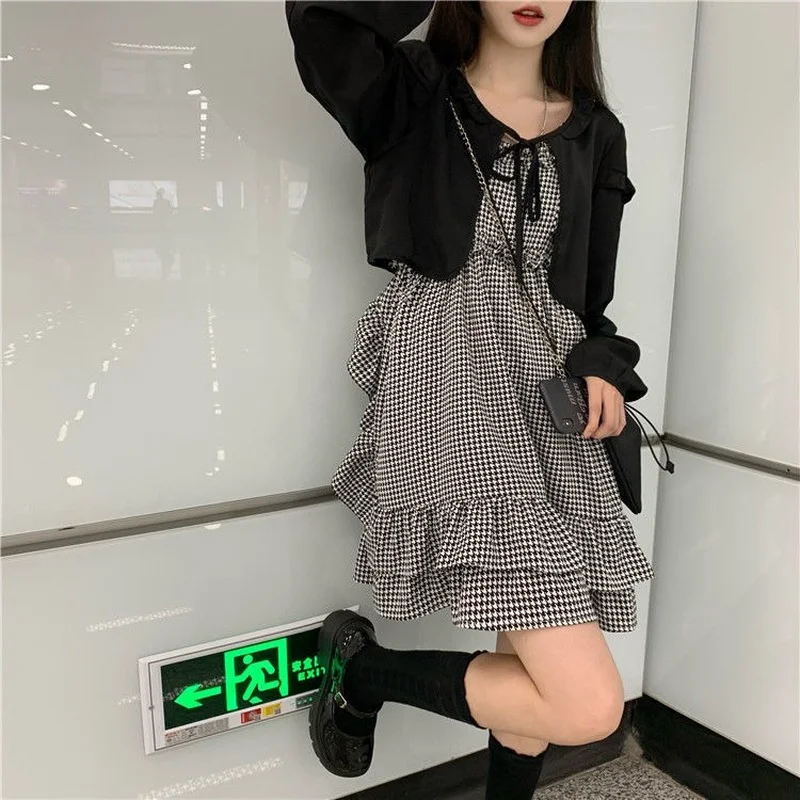 

Japanese Sweet Lace Stitching Sling Dress Girls Sun-Protect Shirt High Waist Vintage Ruffle Summer Mini Plaid Dresses Vestidos
