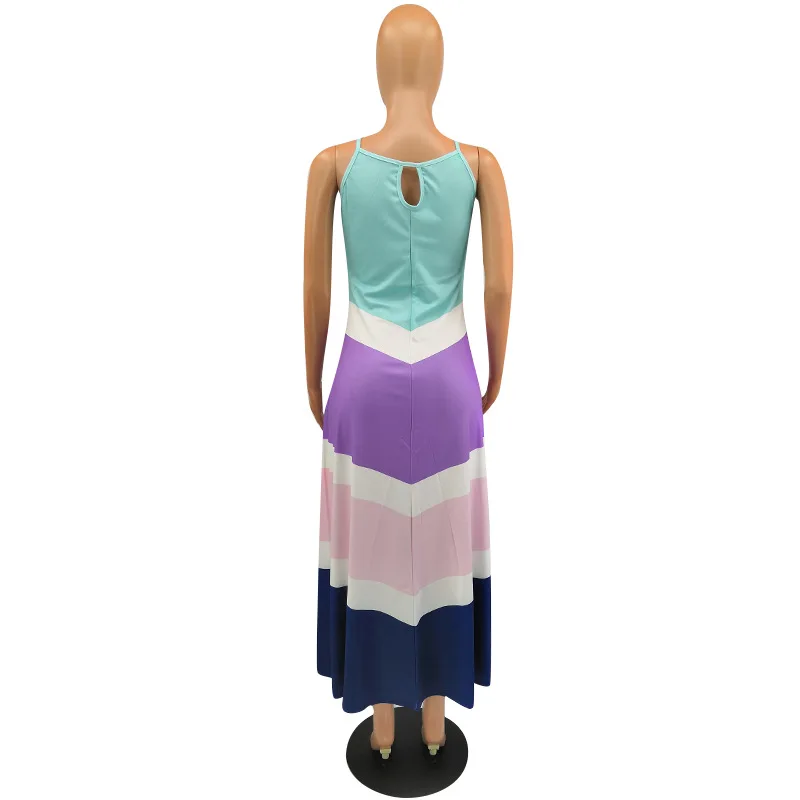 

Echoine Summer Color Patchwork Print Spaghetti Strap Long Maxi Dresses Women Elegant Sleeveless Vintage Vestidos Sundress Robe