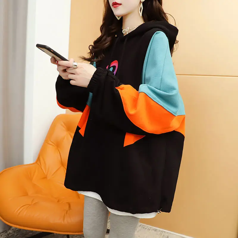 

2021 Spring Net Red New Color Contrast Hooded Sweater Women's Large Fashion Loose Top Women Long Hoodie Long-Sleeved Pullovers