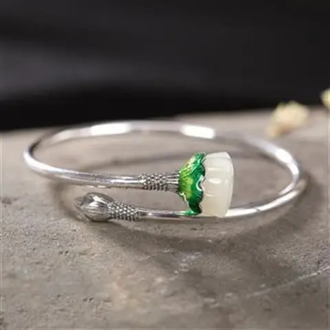 

S925 Sterling Silver Hetian Jade Lotus Flower Lotus Seedpod Bracelet Han Chinese Clothing with Retro Simple Bracelet for Women