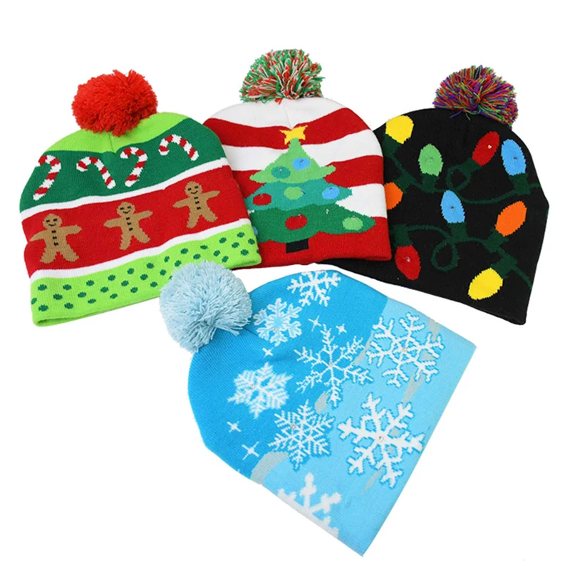 

LED Christmas Hats Sweater Knitted Beanie Santa Light Up Winter Hat Cap Kids Gift Xmas 2022 New Year Christmas Party Decorations