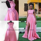 Розовое платье невесты es 2021, а-силуэт, атласное, с разрезом, кружевное с аппликацией из бусин, Африканское платье невесты, размера плюс для женщин, свадьба