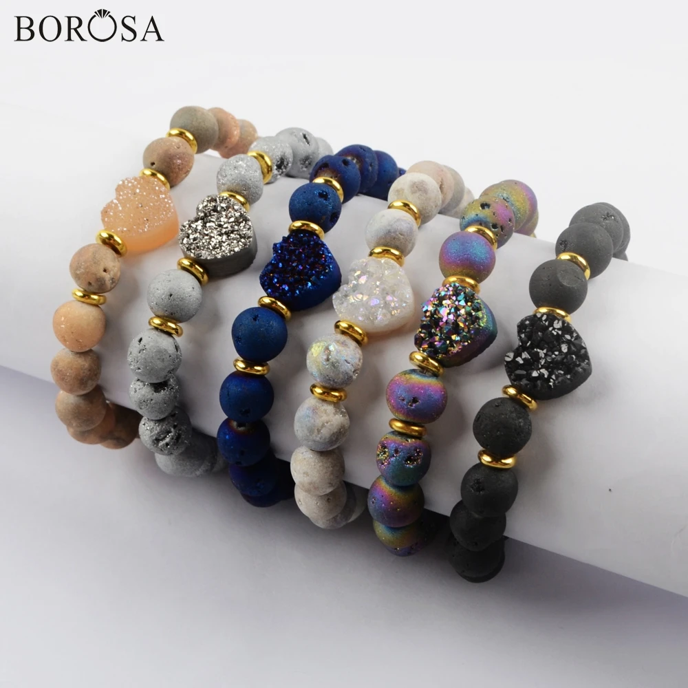 

BOROSA 5Pcs Heart 12mm Rainbow Titanium Natural Druzy Bead with 8~9mm Druzy Quartz Bead Bracelet Jewelry for Wholesale G1894