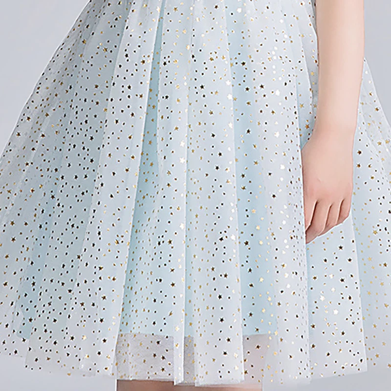 

Flower Girl Dresses Sequined Luxury Blue Pearls Tiered Tulle Ball Gown Knee-Length Lace O-Neck Kids Party Princess Skirt D340