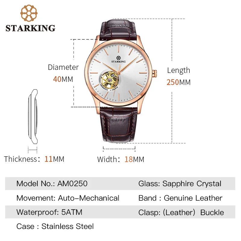 STARKING Mechanical Watch Men Automatic Self-wind Movt Skeleton Gold Stainless Steel Male Wristwatch Sapphire 5ATM | Наручные часы
