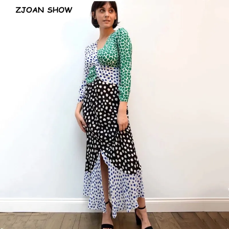 Шифоновое платье в клетку с длинным рукавом и v образным вырезом контрастный цвет