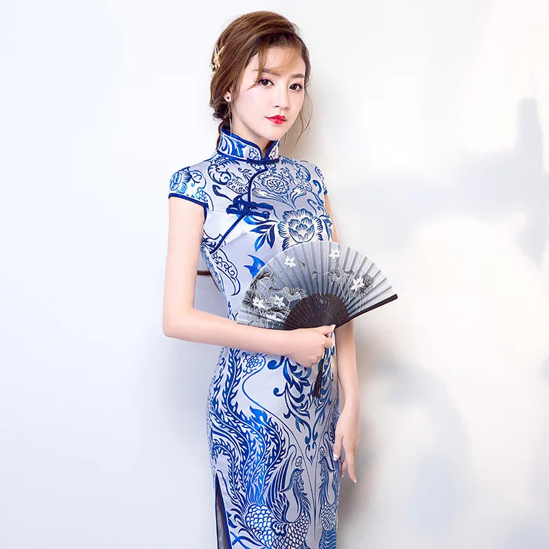 

Slim Long Lady Satin Straight Qipao Dresses Elegant Print Blue And White Porcelain Cheongsam Formal Prom Gown Classical Skirt