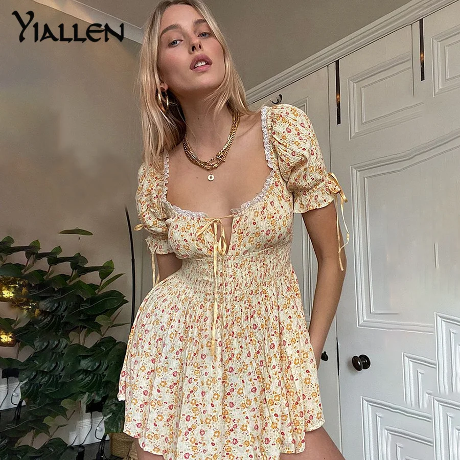 

Yiallen Fashion Elegant Romantic Floral Lace Up A-Line Pleated Mini Dress For Women Summer New Office Party Beach Dresses Hot