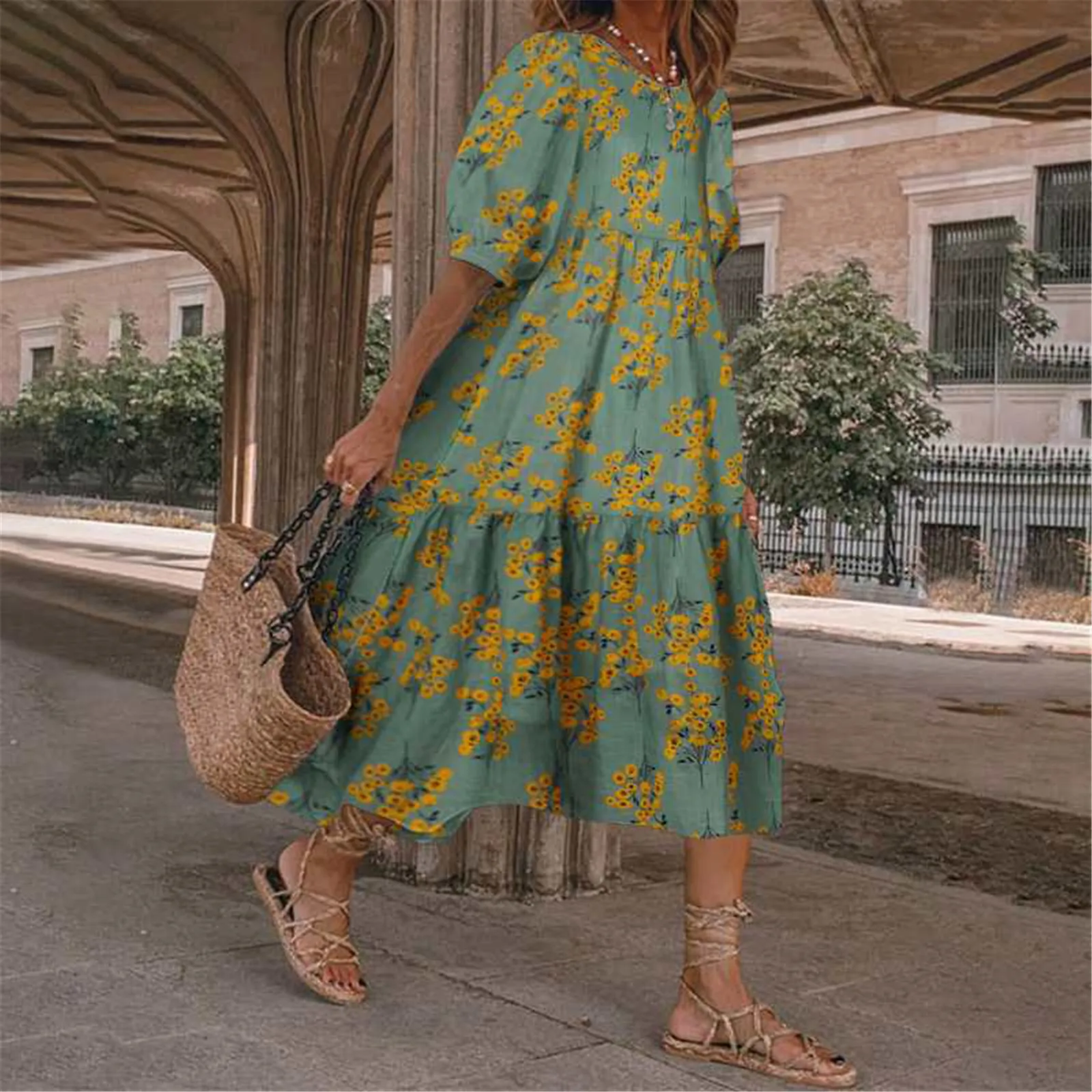 

Women's New Fashion Puff Sleeve Printed Casual Loose Splicing Dress vestido de mujer summer dress