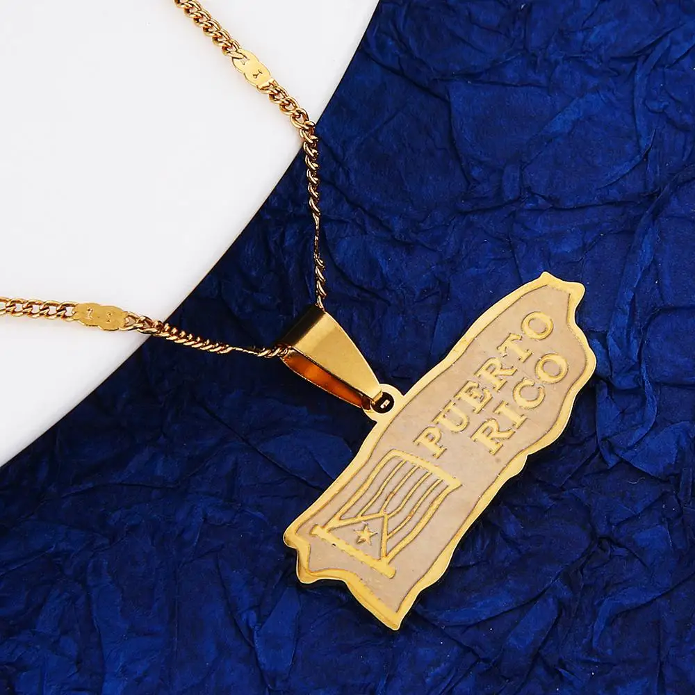 Ожерелье из нержавеющей стали с изображением карты Пуэрто Рико Золотое