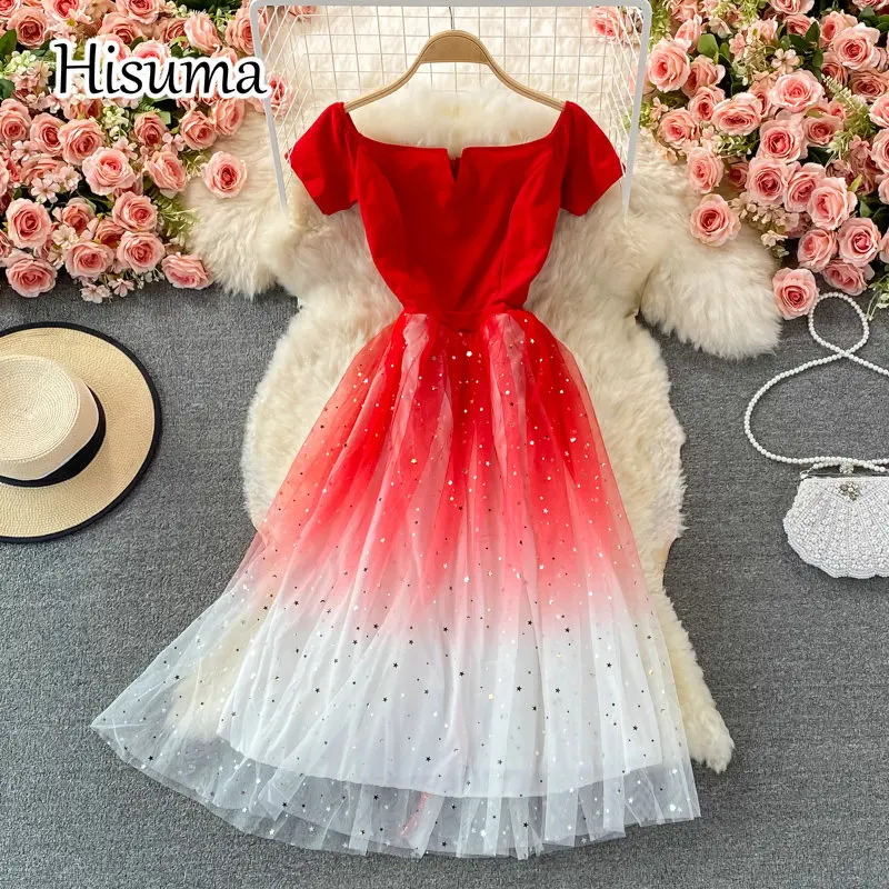 

2021 autumn new women's slash neck stars sequins chiffon with gauze party dress female Chic elegant waist mesh A-line dresses