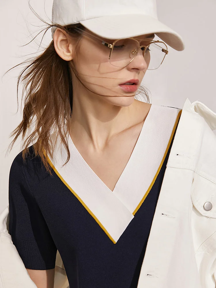 

Spring Summer Women's Tshirt Fashion Patchwork Vneck Short Sleeve Female Knitted Pullover Women Tops