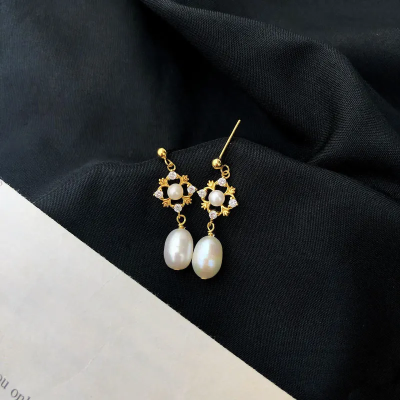 

YC3776E S925 Silver Fashion French 4A Zircon Stereo Geometry Pearl Earrings GIRL'S Gift Party WOMEN'S Jewelry Earrings 2021