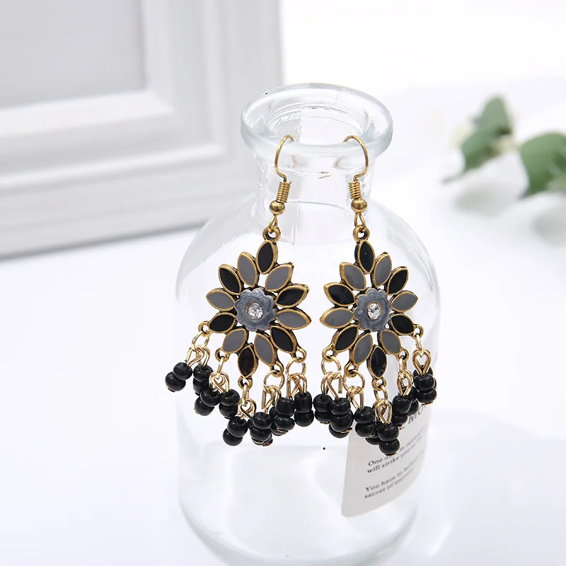 Модные женские серьги в богемном стиле винтажные маленькие бусины цветочные