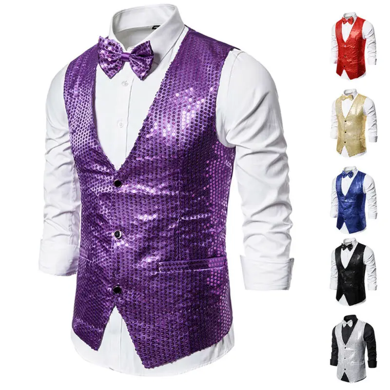 2019 Men Shiny Sequin Glitter Embellished Blazer Jacket Vests With Bow Tie Nightclub Evening Party Suits | Мужская одежда