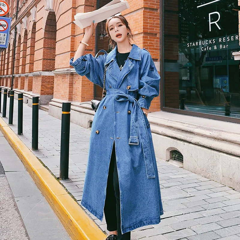 

Brand New European Style Long Denim Trench Coat Women Double-Breaste with Belt Spring Autumn Outerwear Blue Duster Coat for Lady