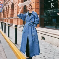 brand new european style long denim trench coat women double breaste with belt spring autumn outerwear blue duster coat for lady