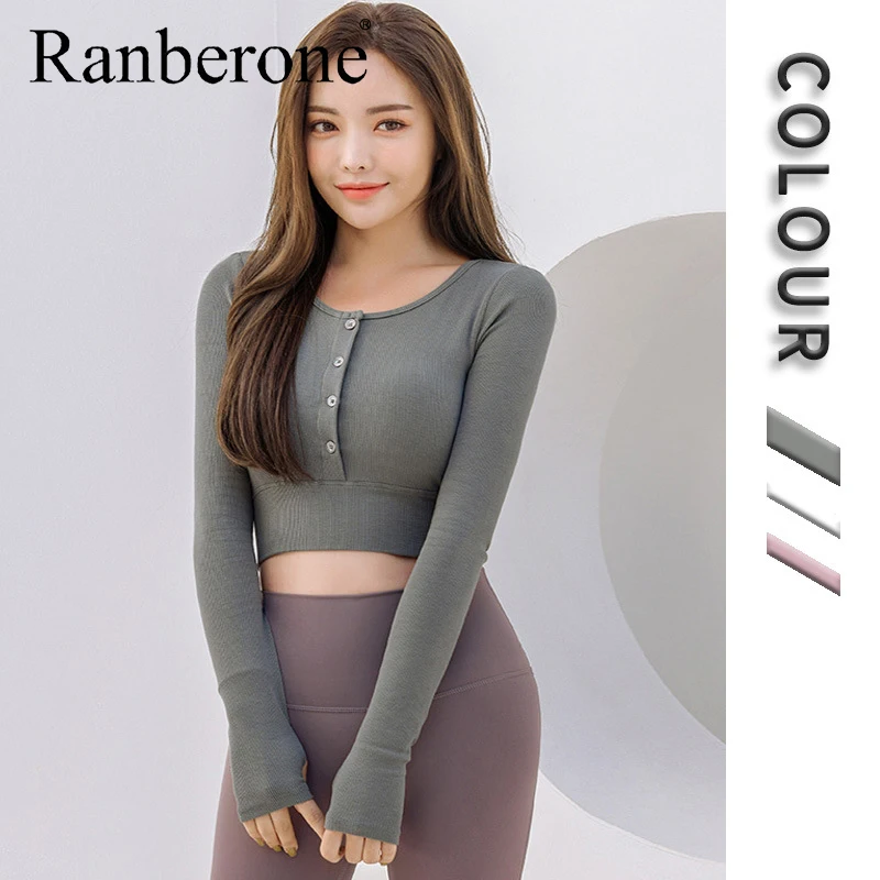 Ranberone Korean Style Yoga Clothes Long Sleeved Sports Top Fitness Clothes Women T-shirt With Chest Pad Fitness Gym Sportswear