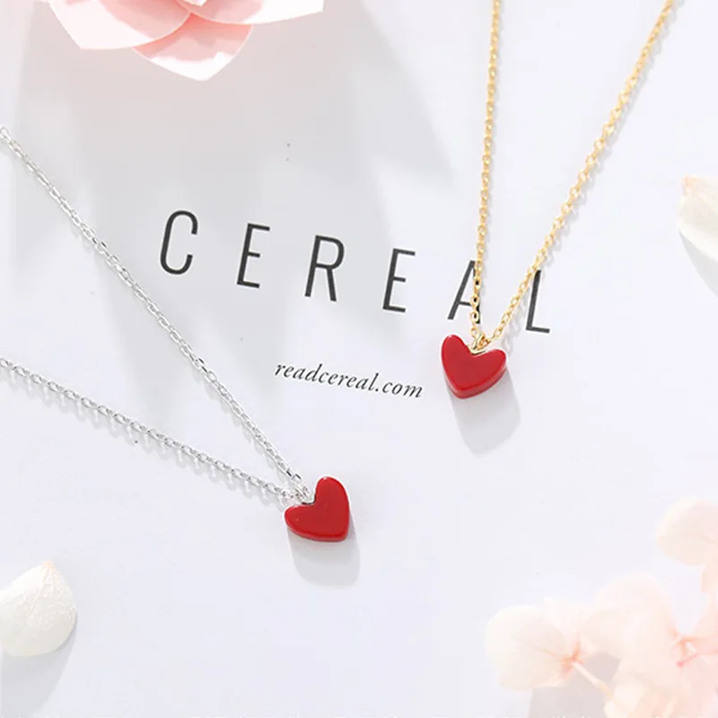 Корейская версия S925 серебро маленькая красная любовь ожерелье Женская цепочка