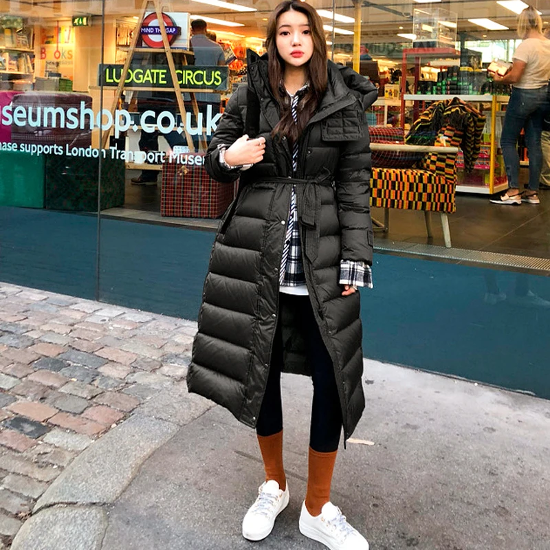 New arrival women duck down overcoat midi long thick warm parkas with a hood female ladies winter outerwear windbreaker white