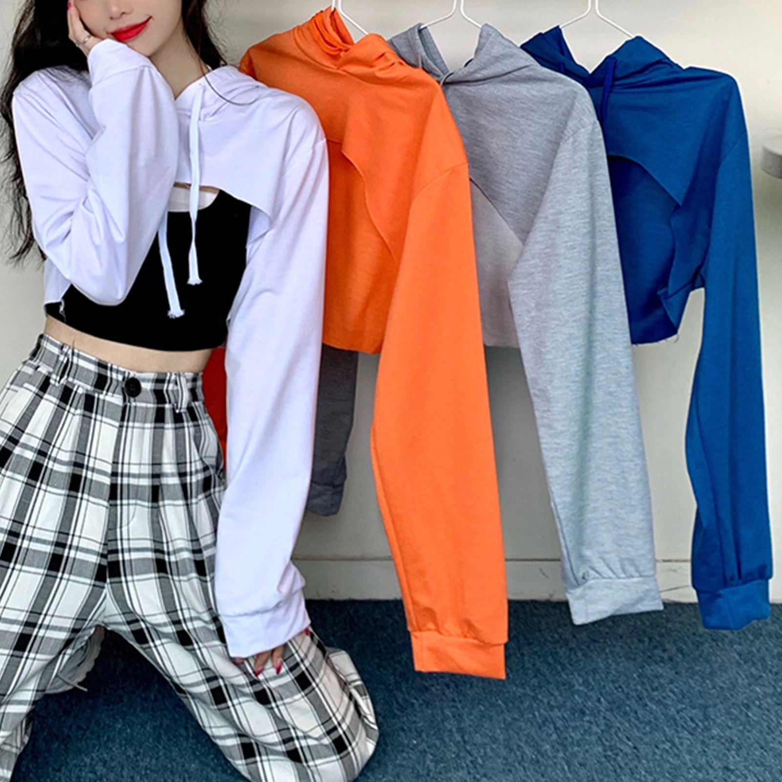 crop hoodie women Solid Color Long Sleeve Drawstring Micro Hoodie Irregular Short Sweatshirt tops for women fashion Blue xl