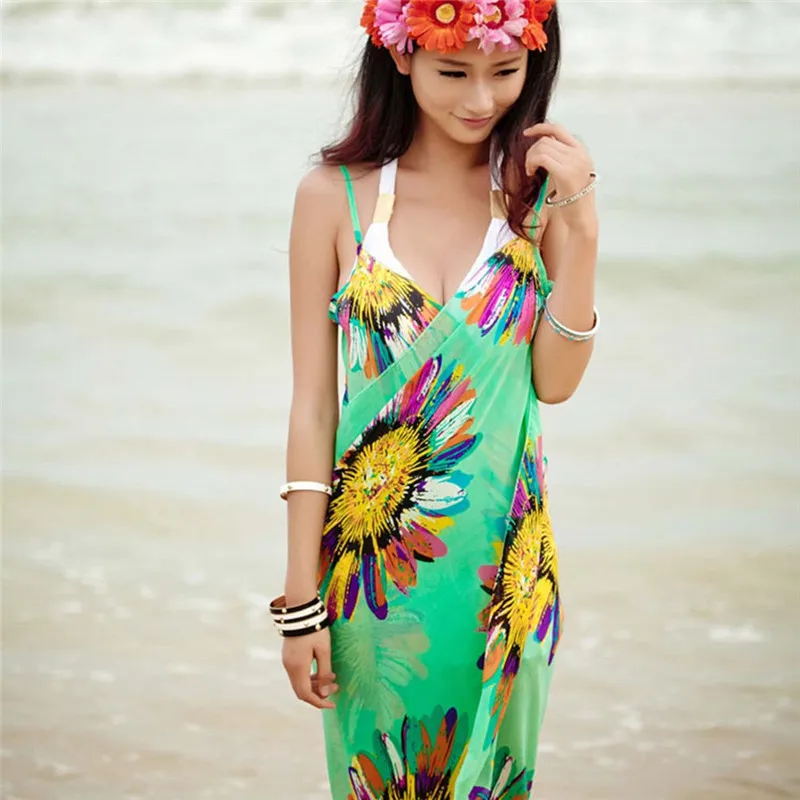 

Bohemian Women Summer Beach Dress Bikini Cover-ups Swim Wear Cover Up Cotton Tunic Sexy Deep V-Neck Robe Caftan Summer