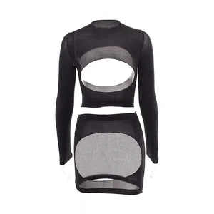 Сексуальный комплект нижнего белья, прозрачный топ с открытой грудью и длинными рукавами, с открытыми ягодицами, мини-юбка