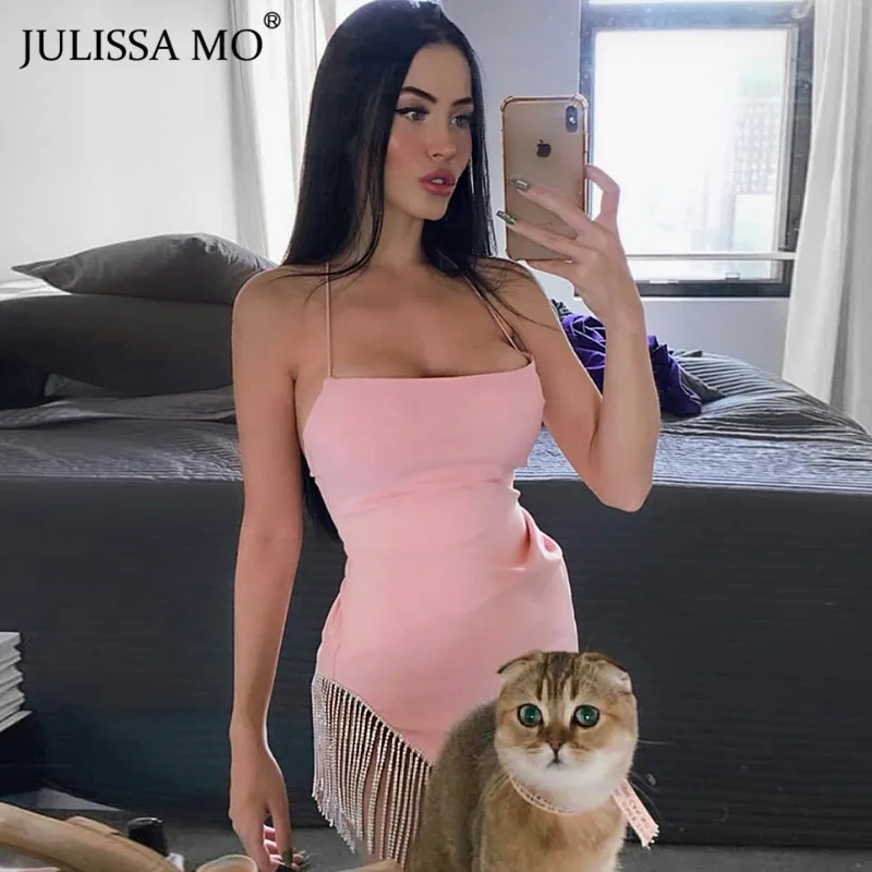 Julissa mo Новые Вечерние платья с блестящими бриллиантами, женское сексуальное облегающее платье на тонких бретелях, модное мини-платье с кисточками и подолом белого цвета