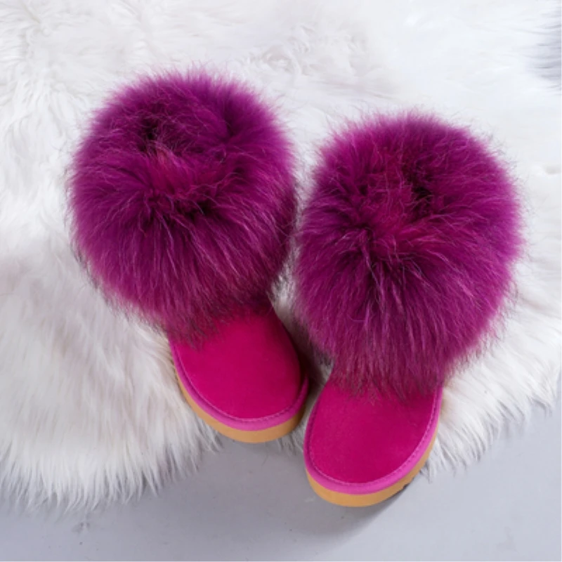 rose suede G& ZaCo/роскошные женские ботинки; натуральная кожа; натуральный лисий мех; зимние ботинки; толстый плюш; короткие черные модные зимние ботинки с принтом - Цвет: rose suede