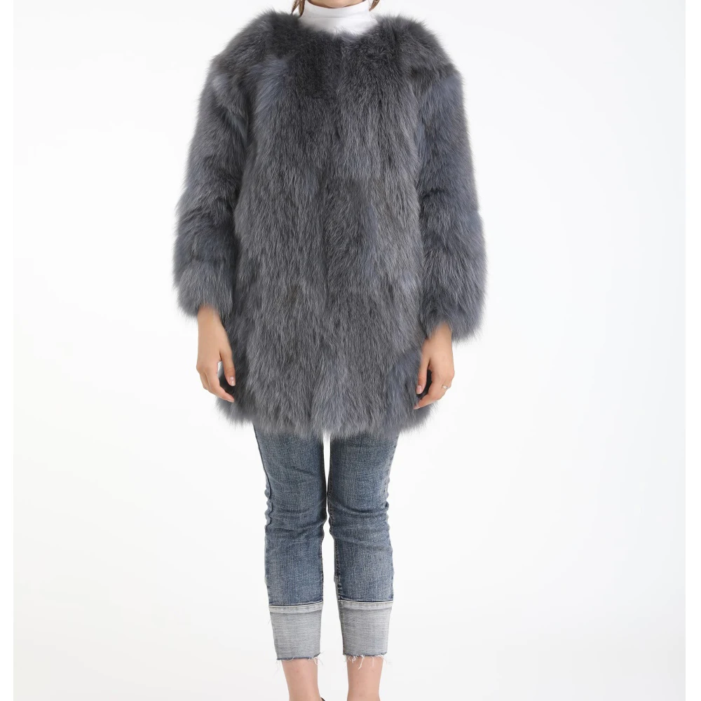 Женское пальто из натурального меха лисы верхняя одежда меховой пушистый серый